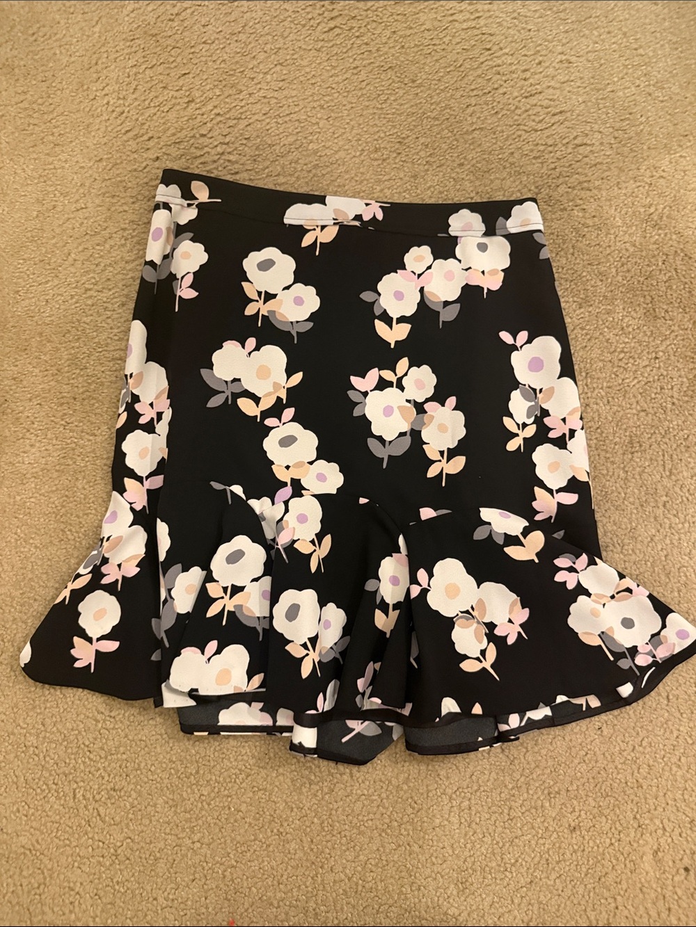 Kate Spade Floral Ruffle Hem Skirt - Black with Pink & Cream Flowers